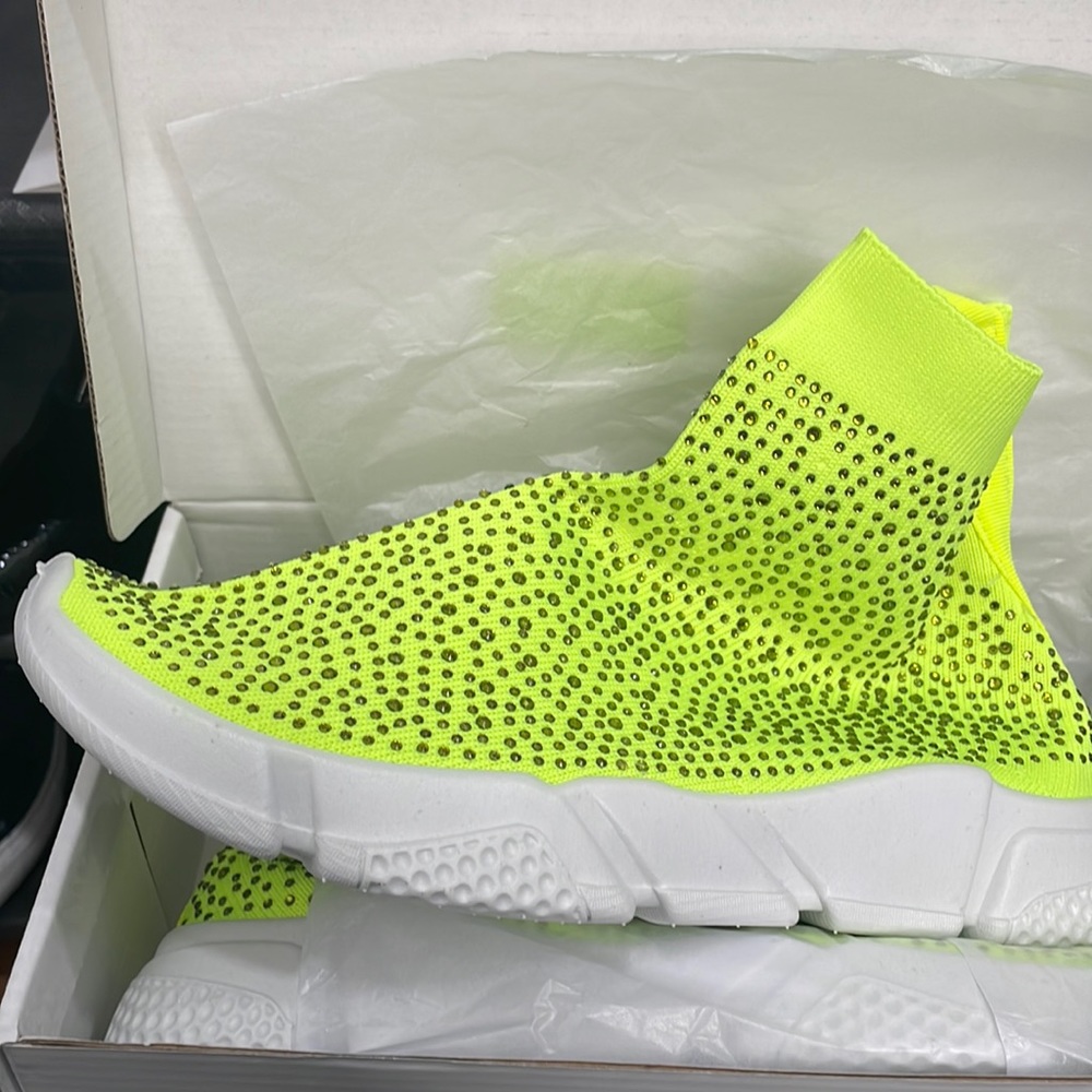 Neogreen Lime Rhinestone Sock Gym Shoes.